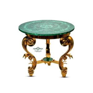 Malachite Round Accent Table with Sculpted Gold Scroll Base | Malachite homeware